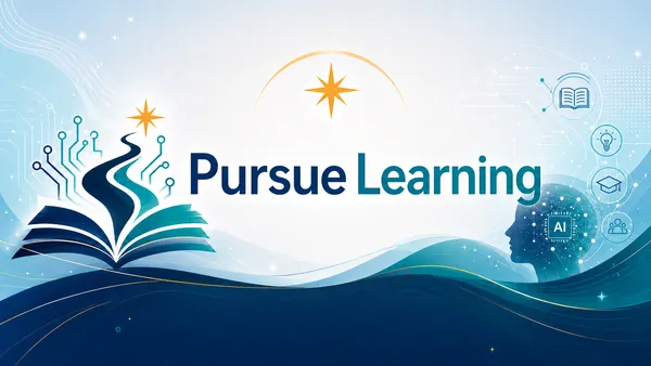 Pursue Learning's open-book and circuit logo, with a star above the horizon